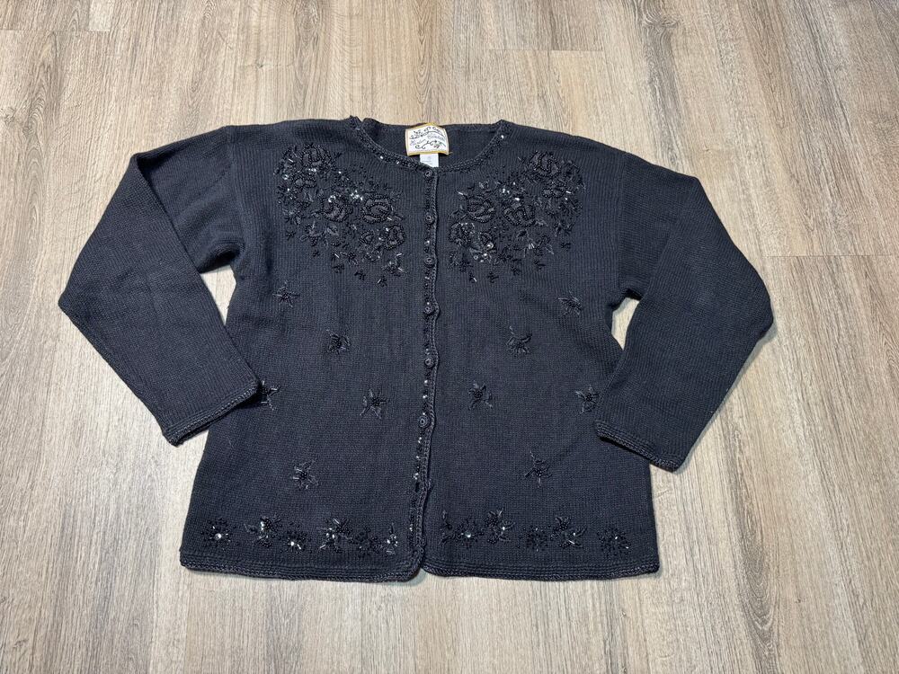 Vintage Women's Heirloom Collections Beaded Floral Open-Front Cardigan Sweater